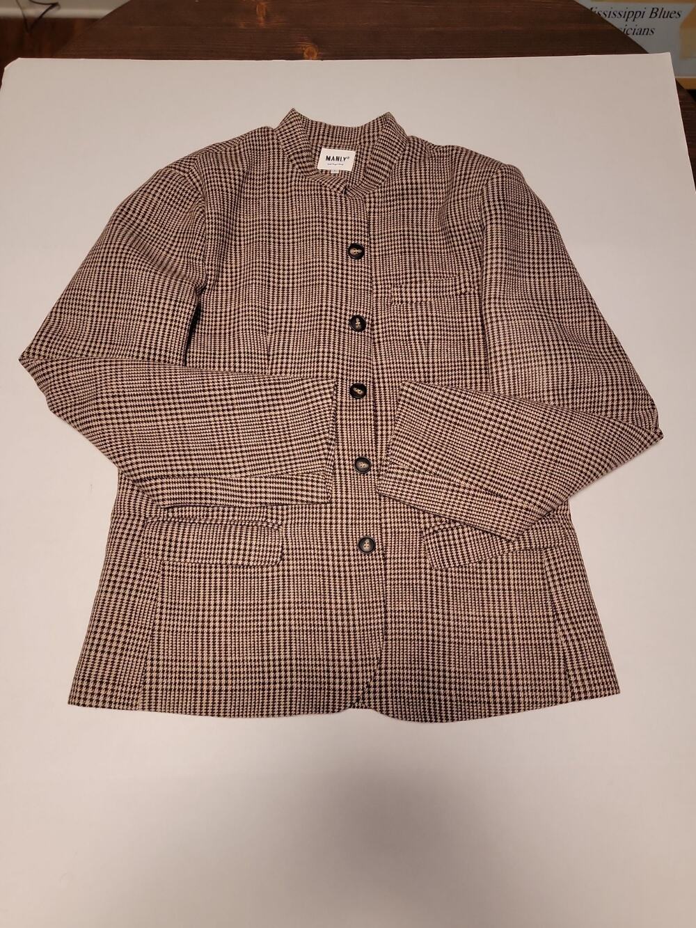 Manly Men's Retro Casual Tweed Plaid Stand Collar Jacket Large